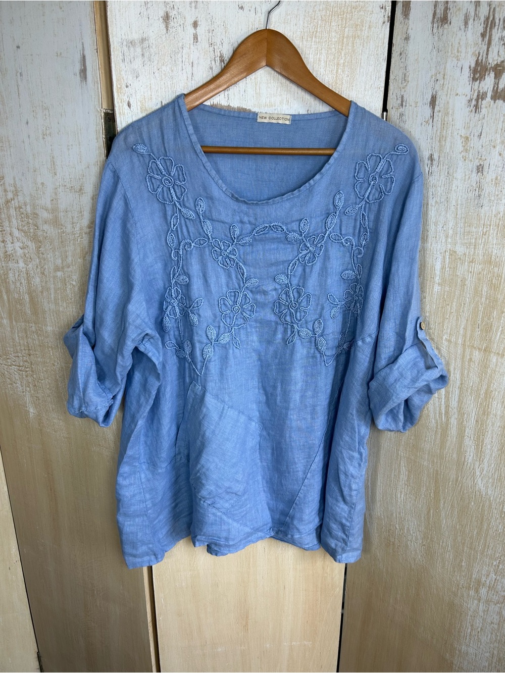 Light Blue Embroidered Linen Women's Boho Top